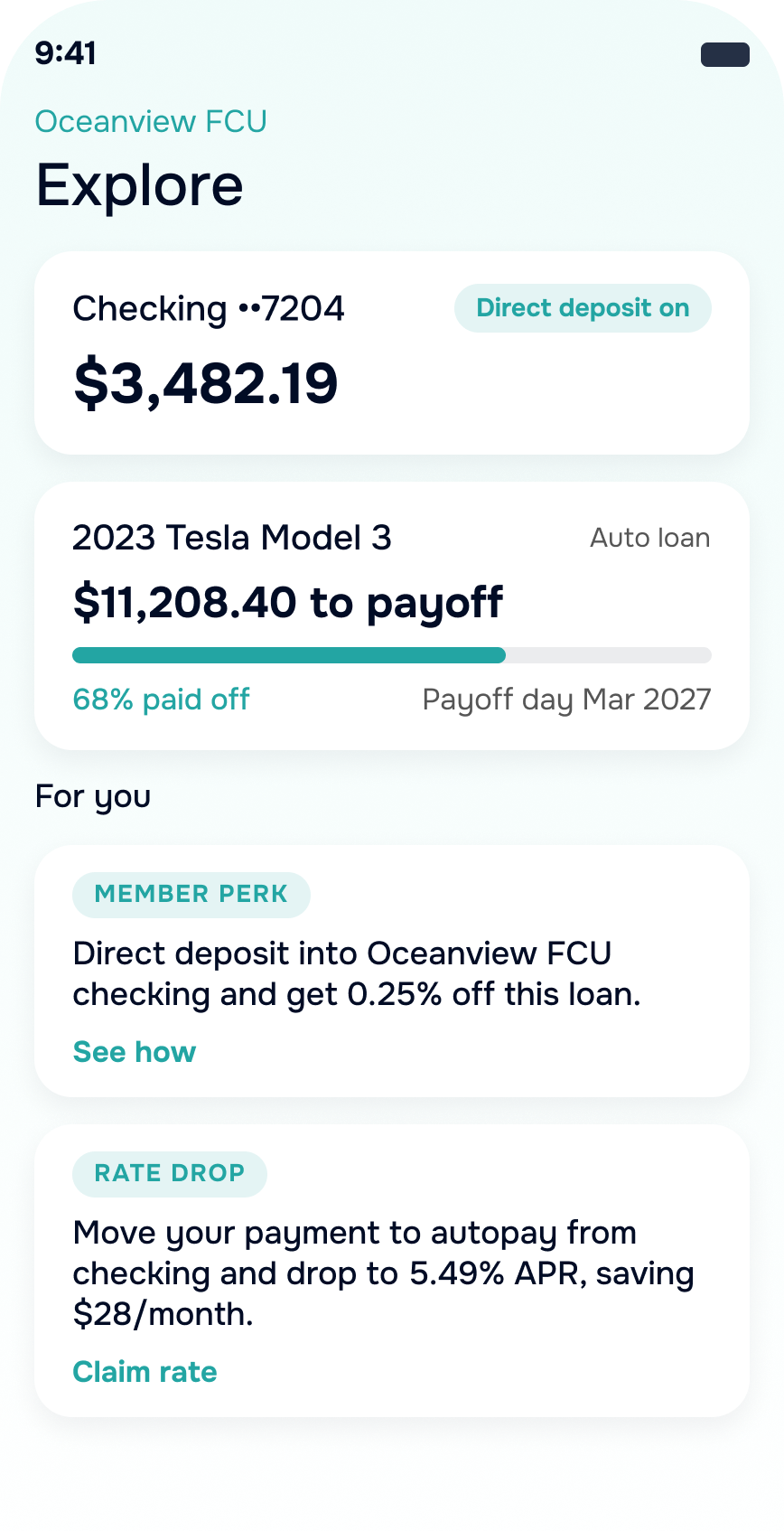 Member app showing direct deposit and loan payoff offers
