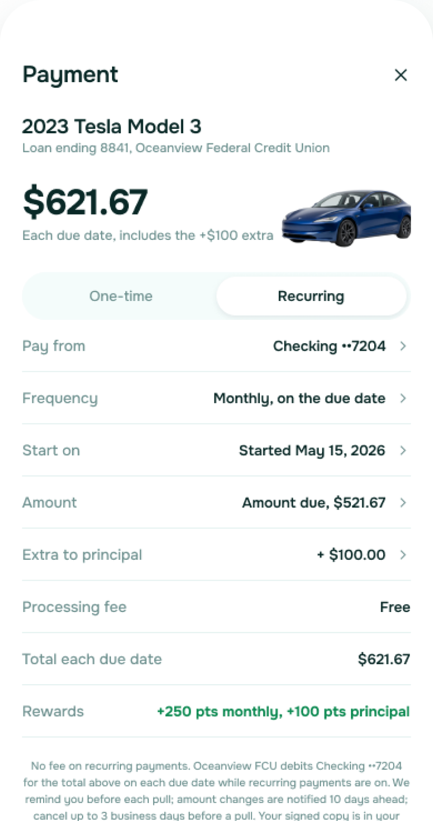 Recurring loan payment screen in the member app